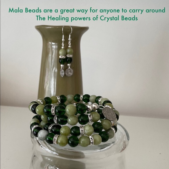 ldmtreasures Jewelry - Multi Green Bracelet.  Matching Earrings. Green Prayer or Mala Beads Set. OOAK